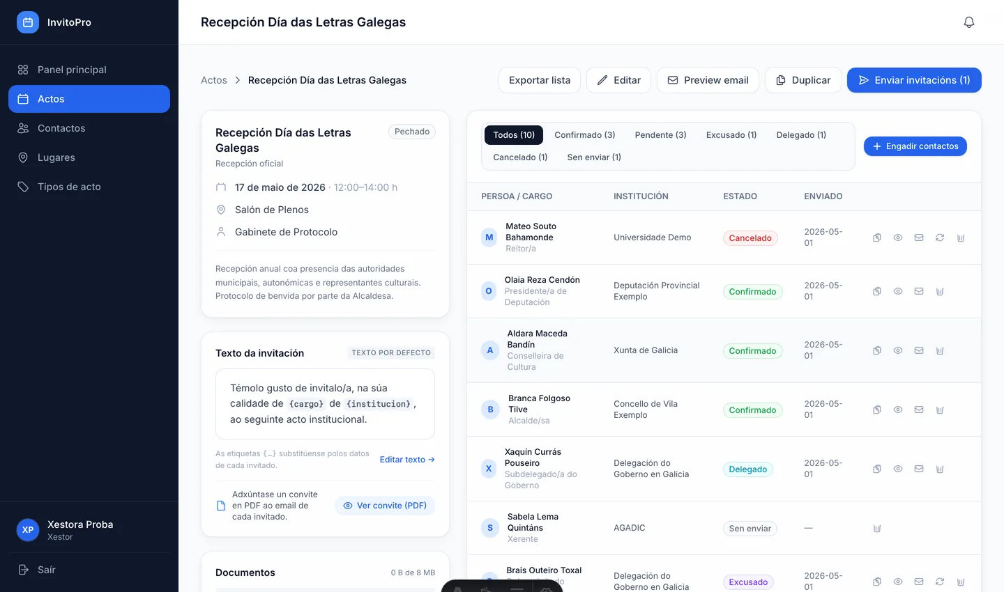 Panel de InvitoPro: detalle de un acto institucional con la lista de invitados y sus estados de respuesta (confirmado, excusado, delegado, cancelado) y el texto de la invitación con variables.