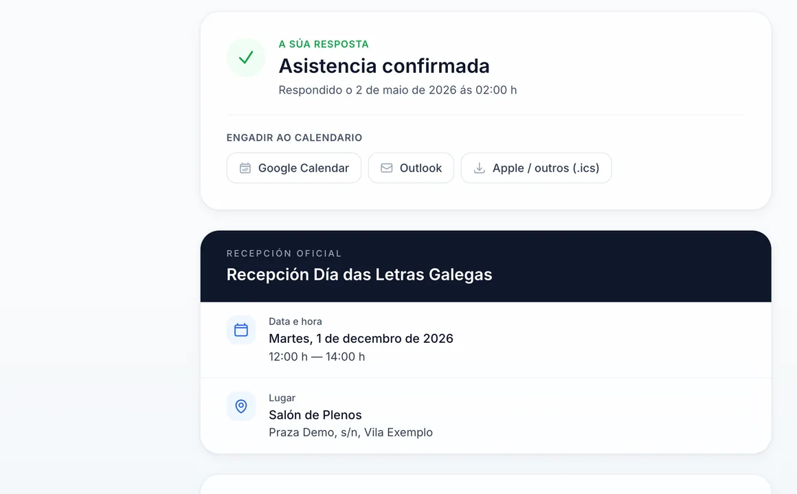 Portal público de respuesta de InvitoPro mostrando la asistencia confirmada, los botones para añadir el acto a Google Calendar, Outlook o Apple, y los datos del acto.